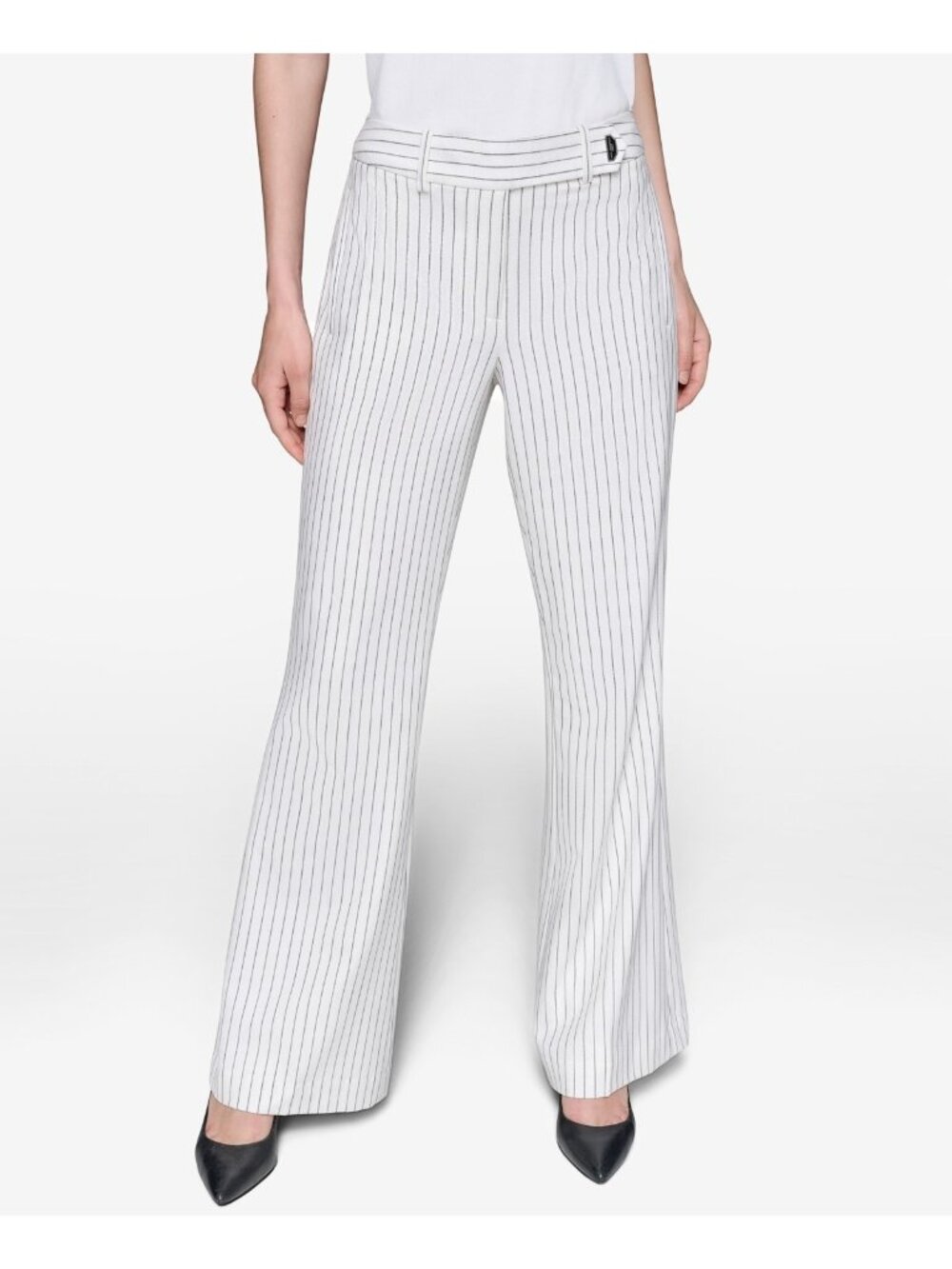 KARL LAGERFELD White Women Pinstripe classic Full Wide- Leg Pants Size $119 SALE